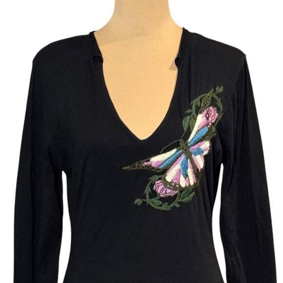 VTG Y2K Till The End Embroidered Tee Sz.L Black V-Neck Butterfly Fairy Grunge - Picture 2 of 12